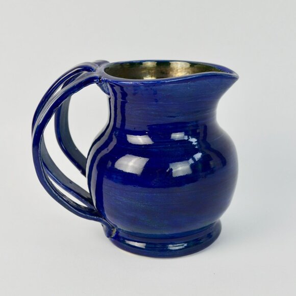Handmade Amateur Pottery Cobalt Blue Pitcher Triple Handle Signed - Picture 1 of 8